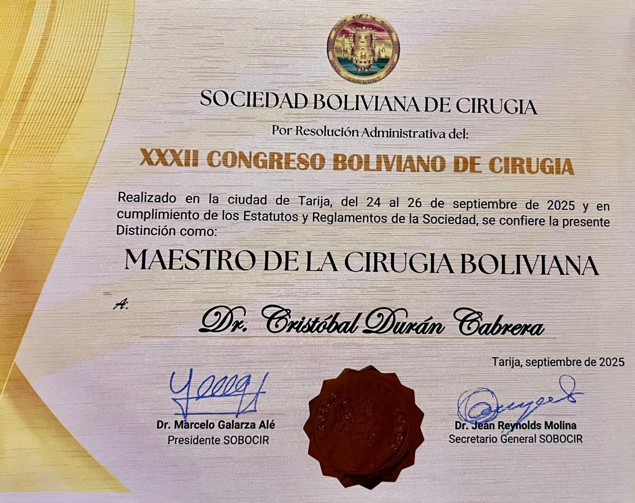 Maestro de la Cirugía Boliviana - Título SOBOCIR